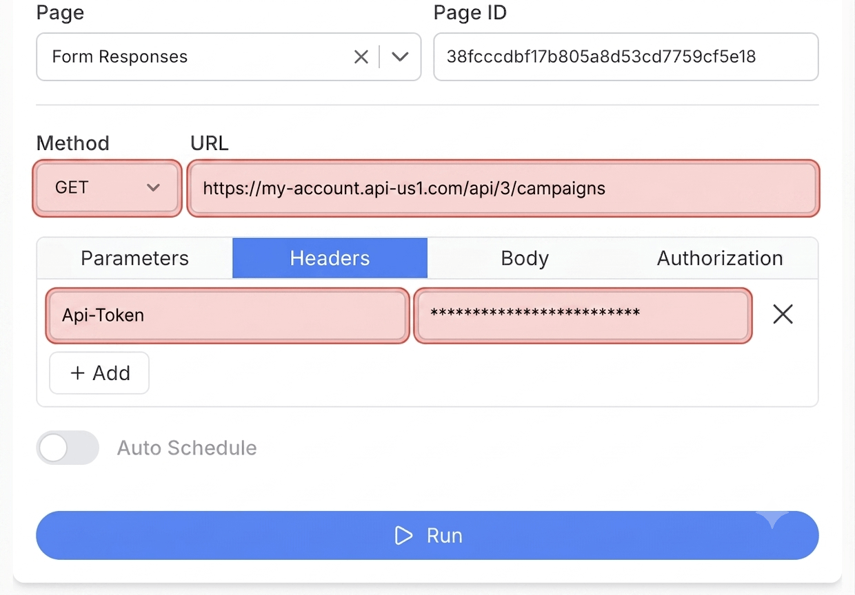 Get your ActiveCampaign API credentials and create your request - Note API Connector screenshot