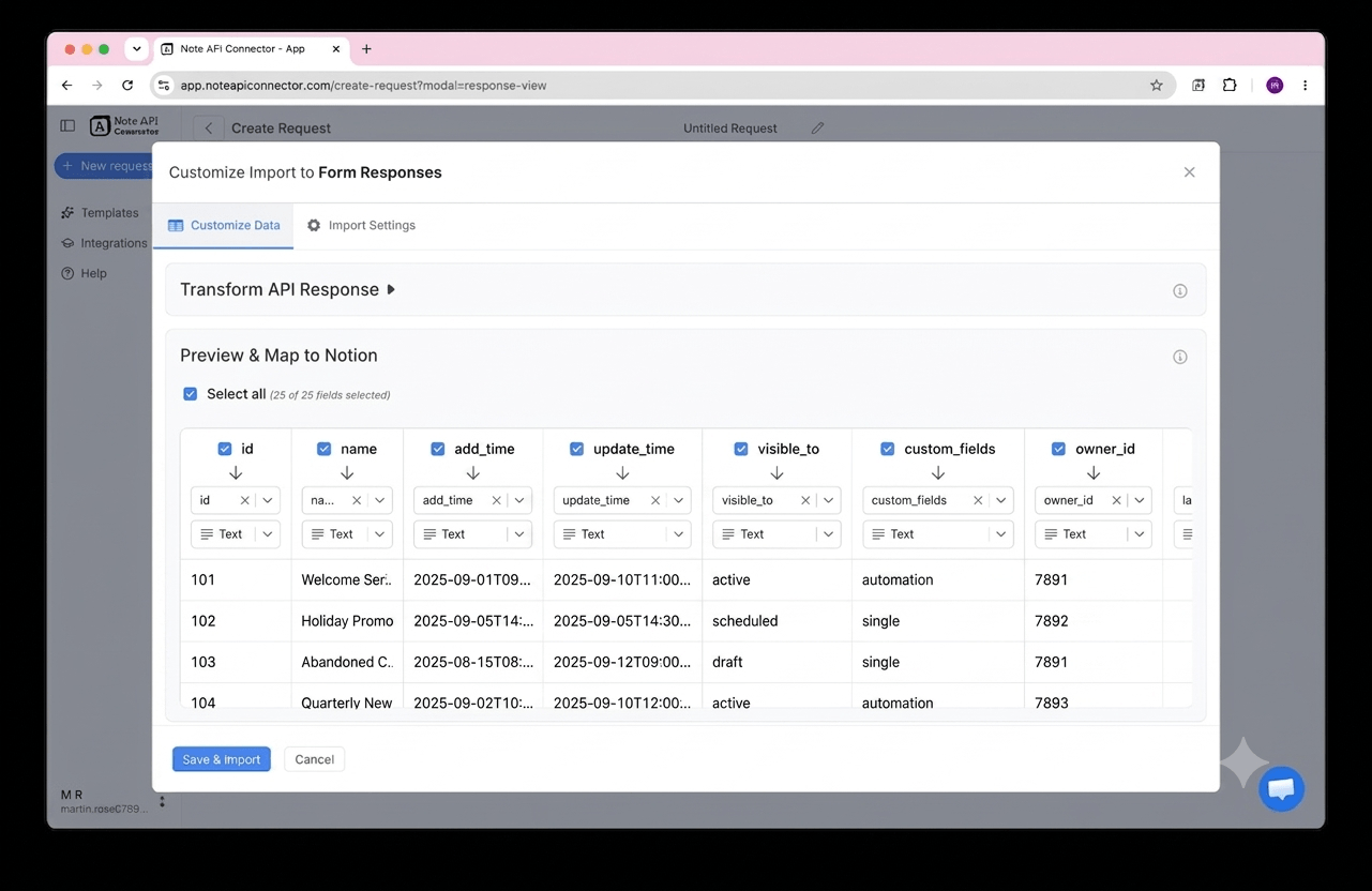 Choose your data and map fields - Note API Connector screenshot