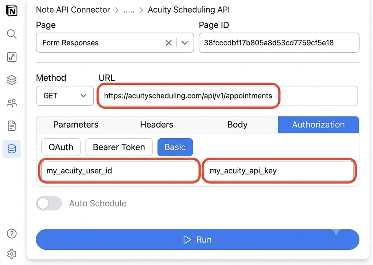 Get your Acuity User ID and API Key and create your request - Note API Connector screenshot