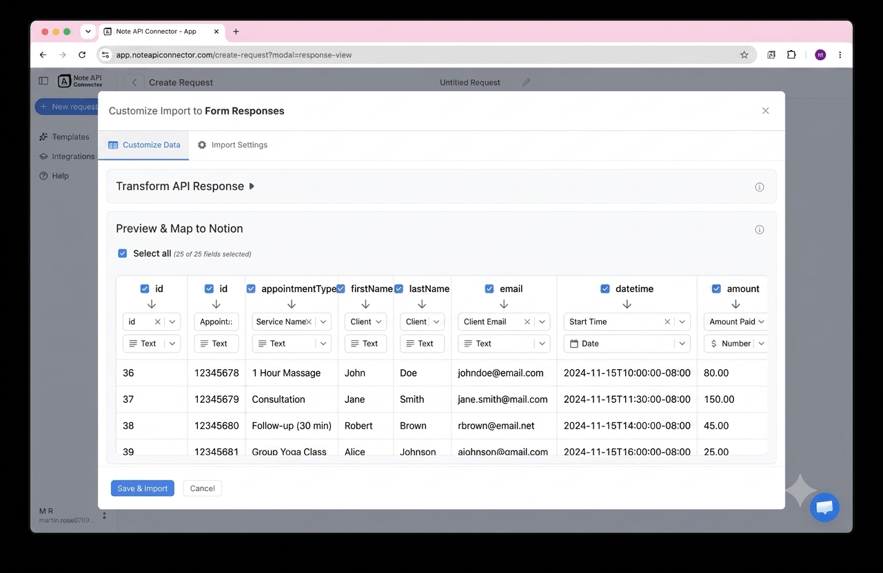 Choose your data and map fields - Note API Connector screenshot