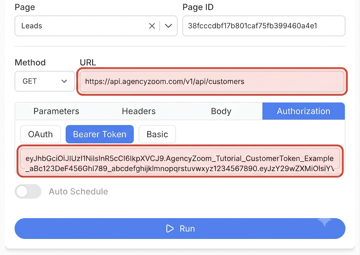 Get your AgencyZoom access token — Note API Connector screenshot