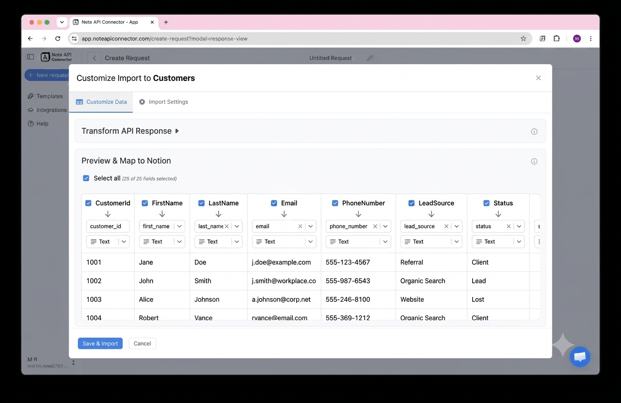 Create your data request with the access token — Note API Connector screenshot