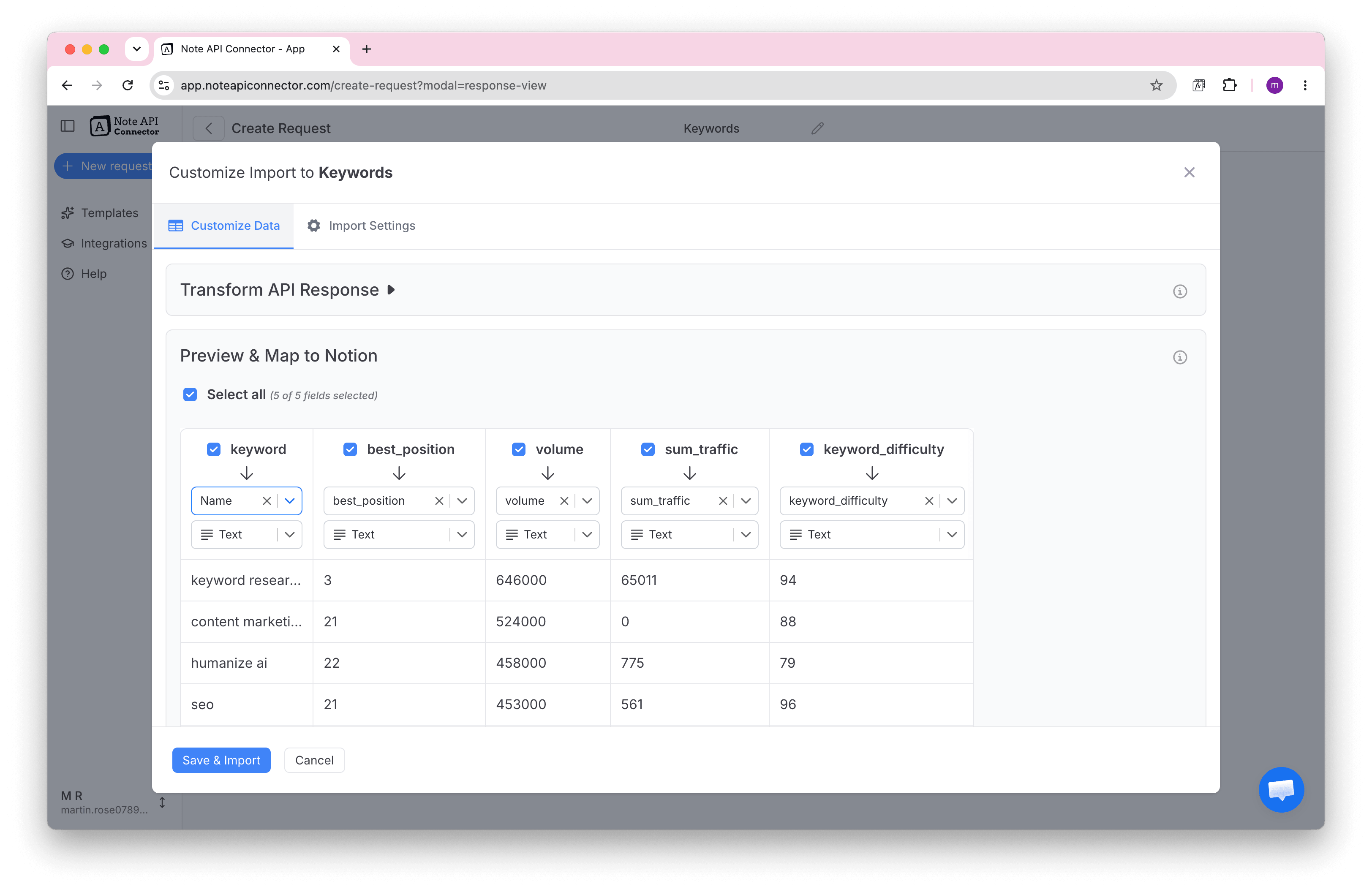 Map Ahrefs keyword fields to a Notion database