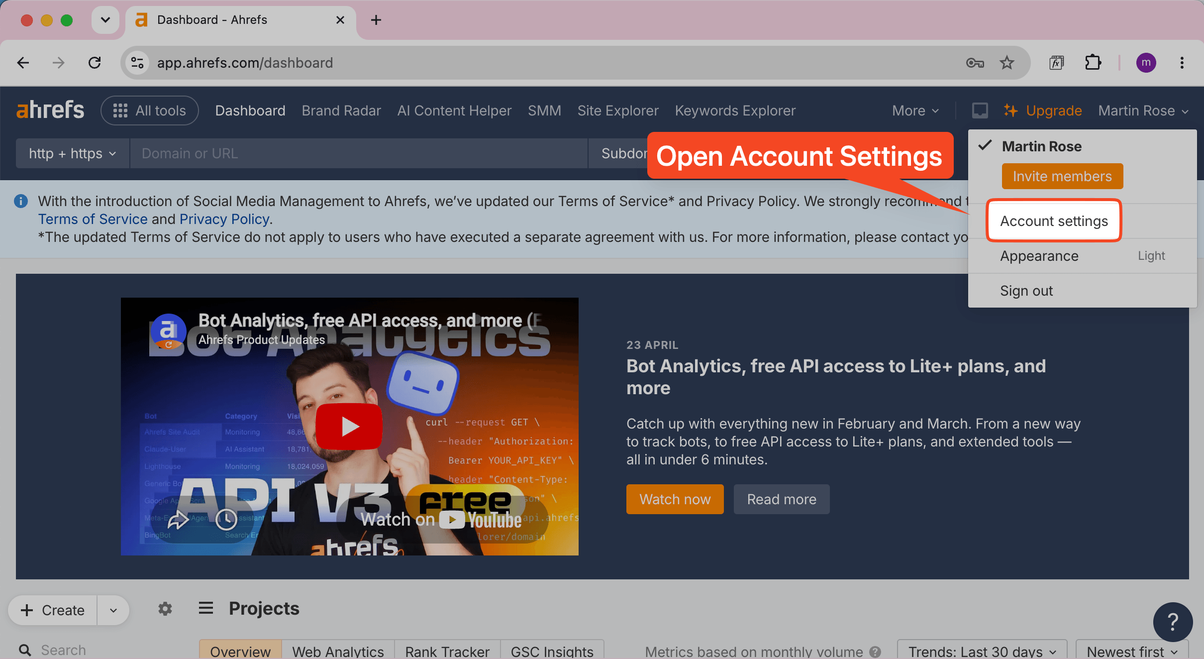 Open Ahrefs account settings for the Notion integration