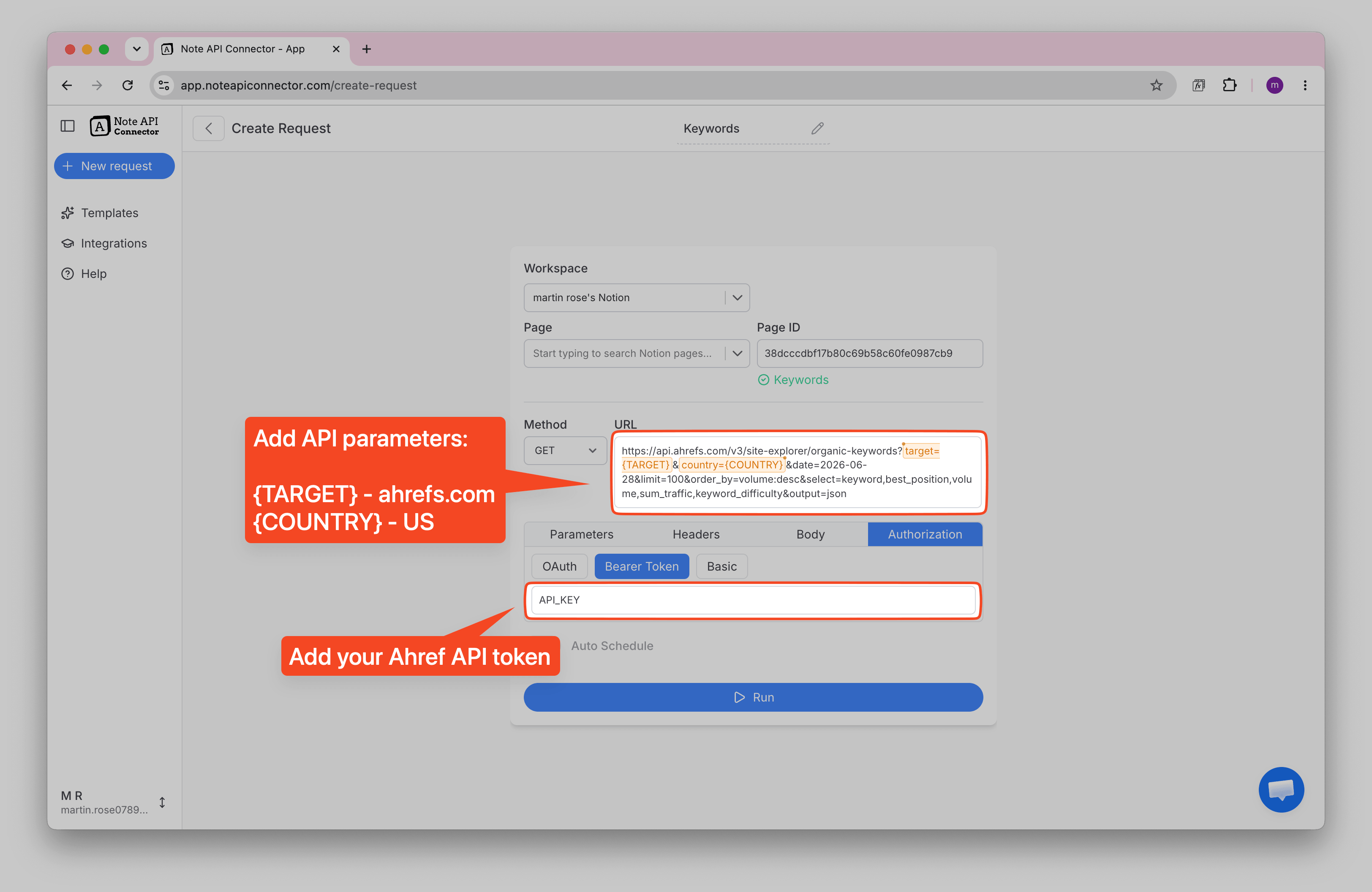 Set the Ahrefs API target, country, and Bearer Token in Note API Connector