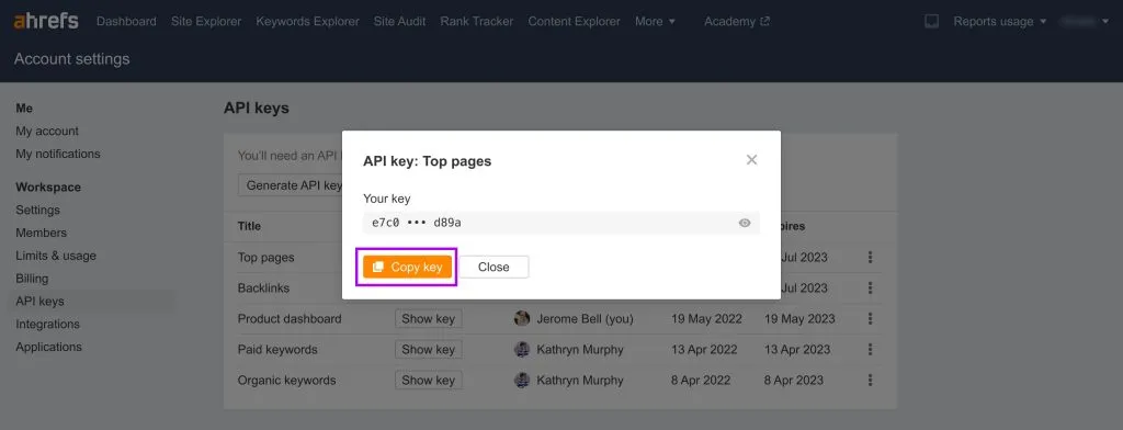 Copy your Ahrefs API key
