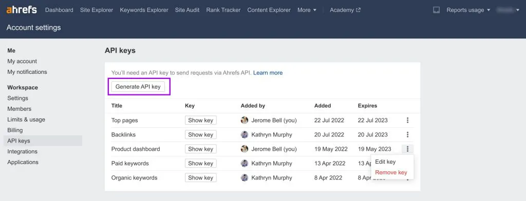 Generate an Ahrefs API key