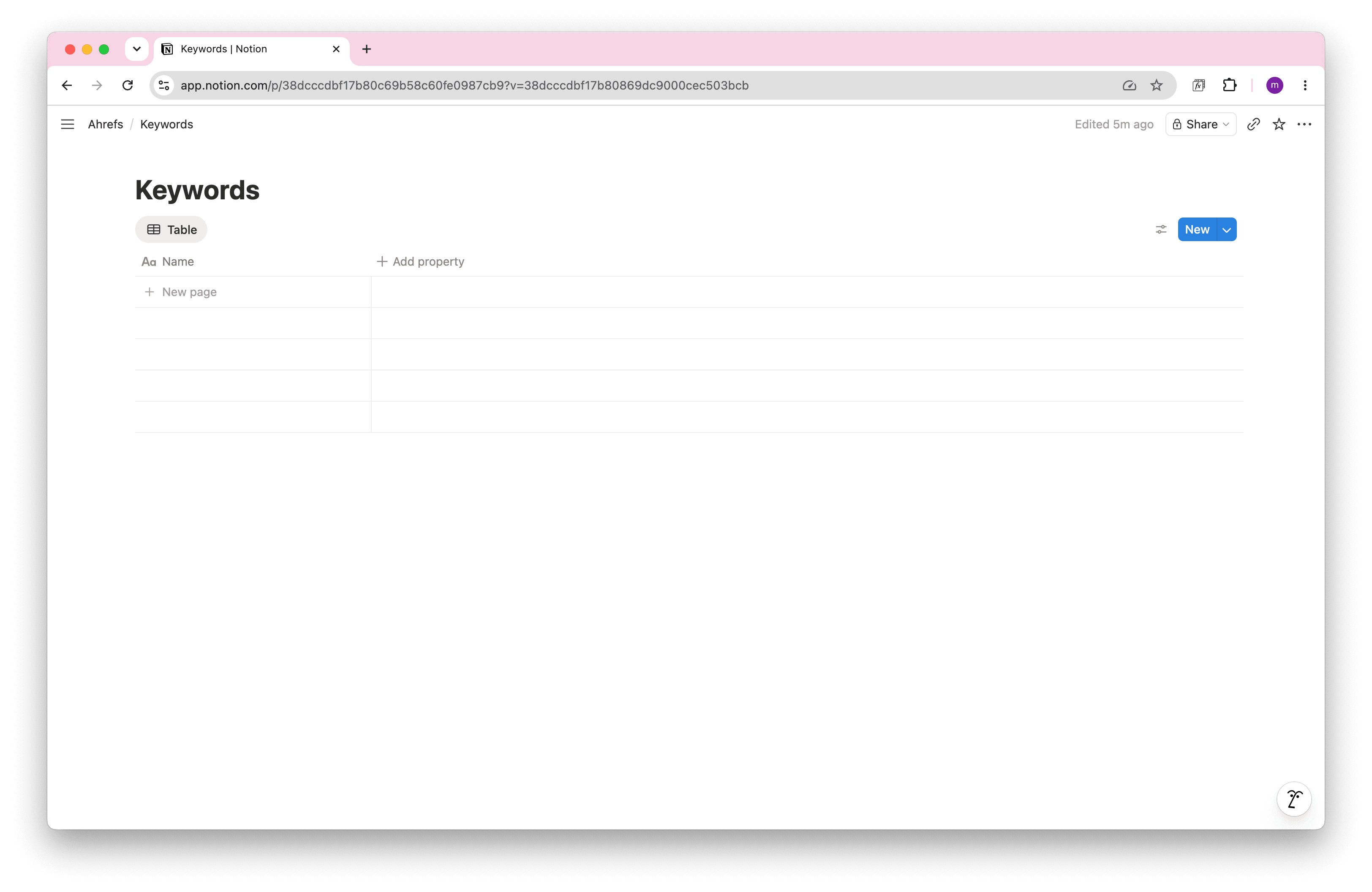 Create a Keywords database in Notion for the Ahrefs integration