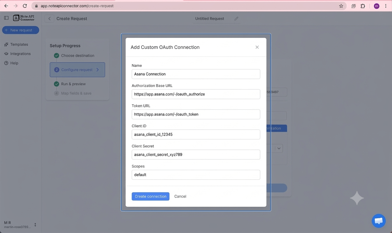 Create an Asana app and connect via OAuth - Note API Connector screenshot