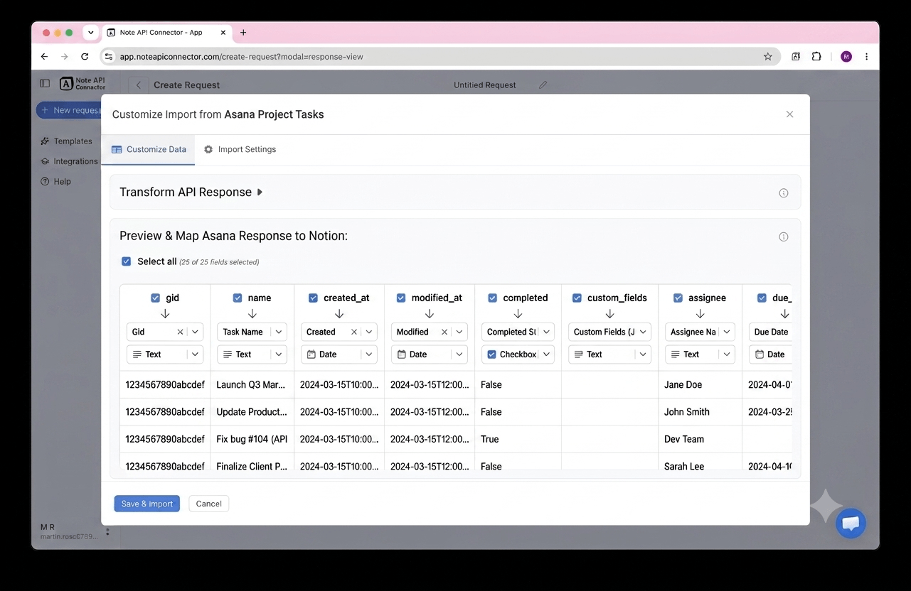 Choose your data and map fields - Note API Connector screenshot