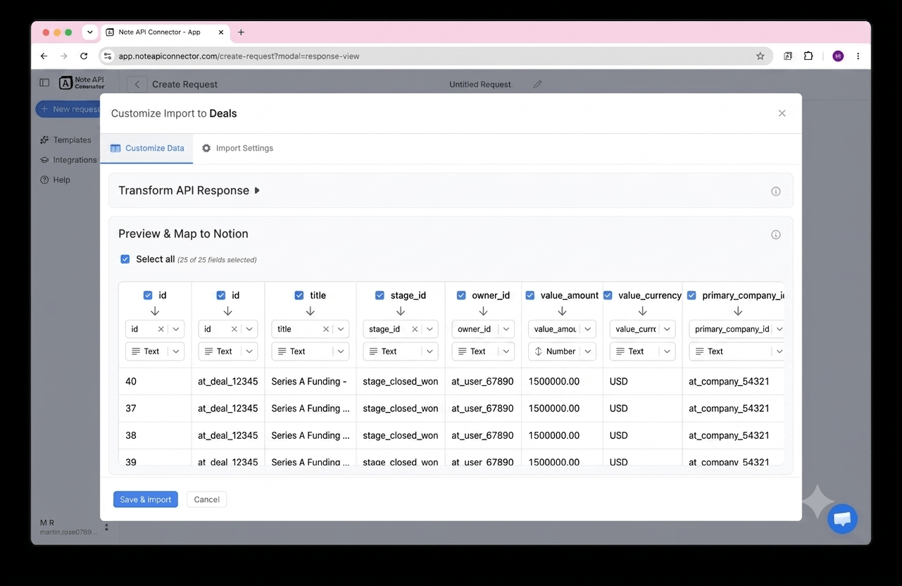 Choose your data and map fields - Note API Connector screenshot