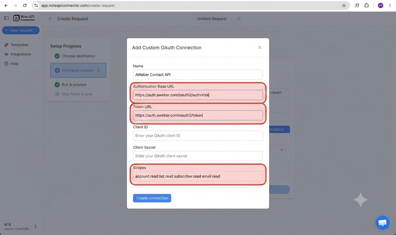 Create an AWeber app and connect via OAuth - Note API Connector screenshot