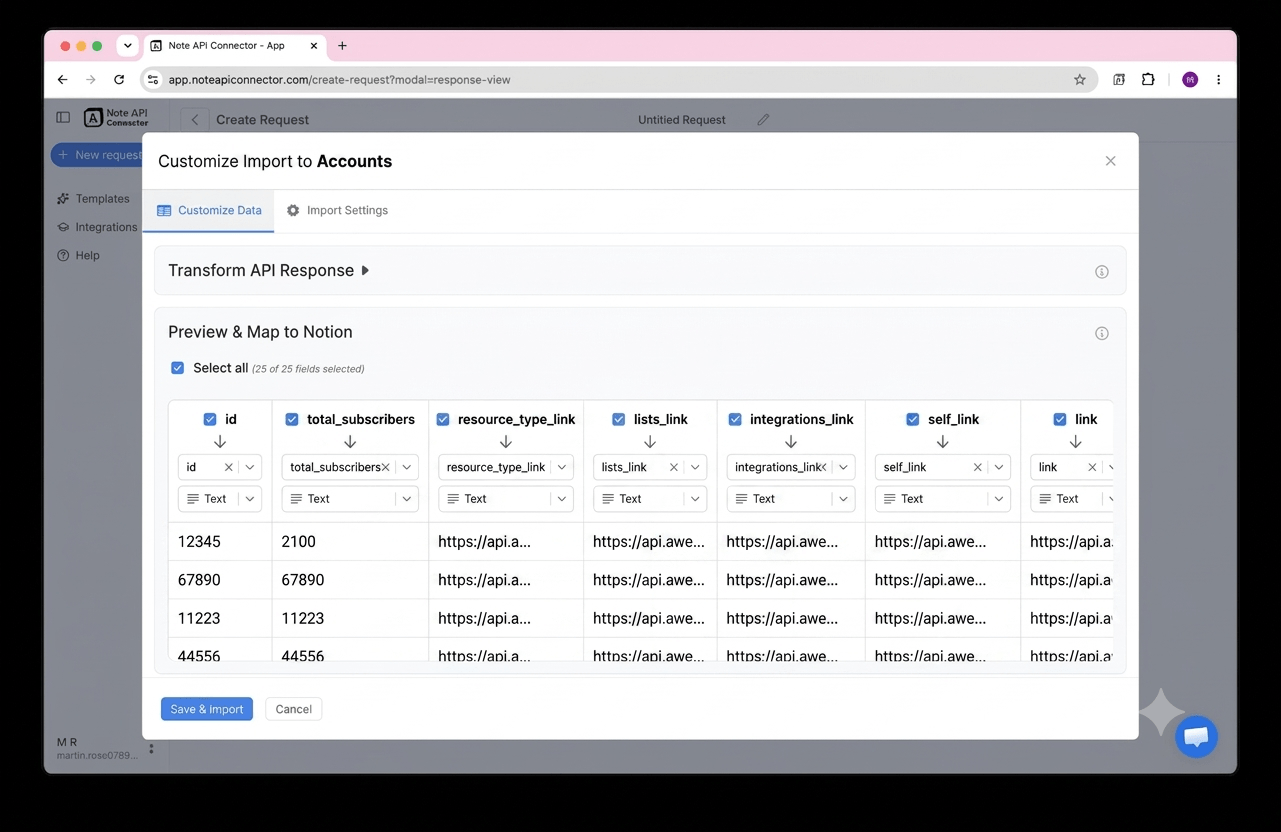 Choose your data and map fields - Note API Connector screenshot
