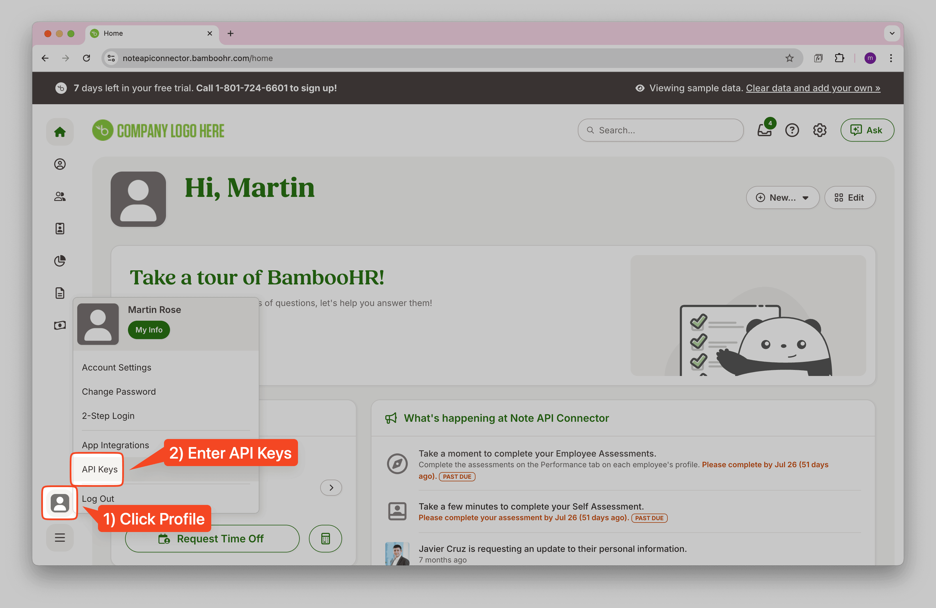 BambooHR Profile Menu - Select API Keys