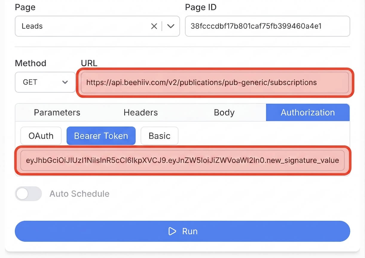 Get your beehiiv API key and connect - Note API Connector screenshot