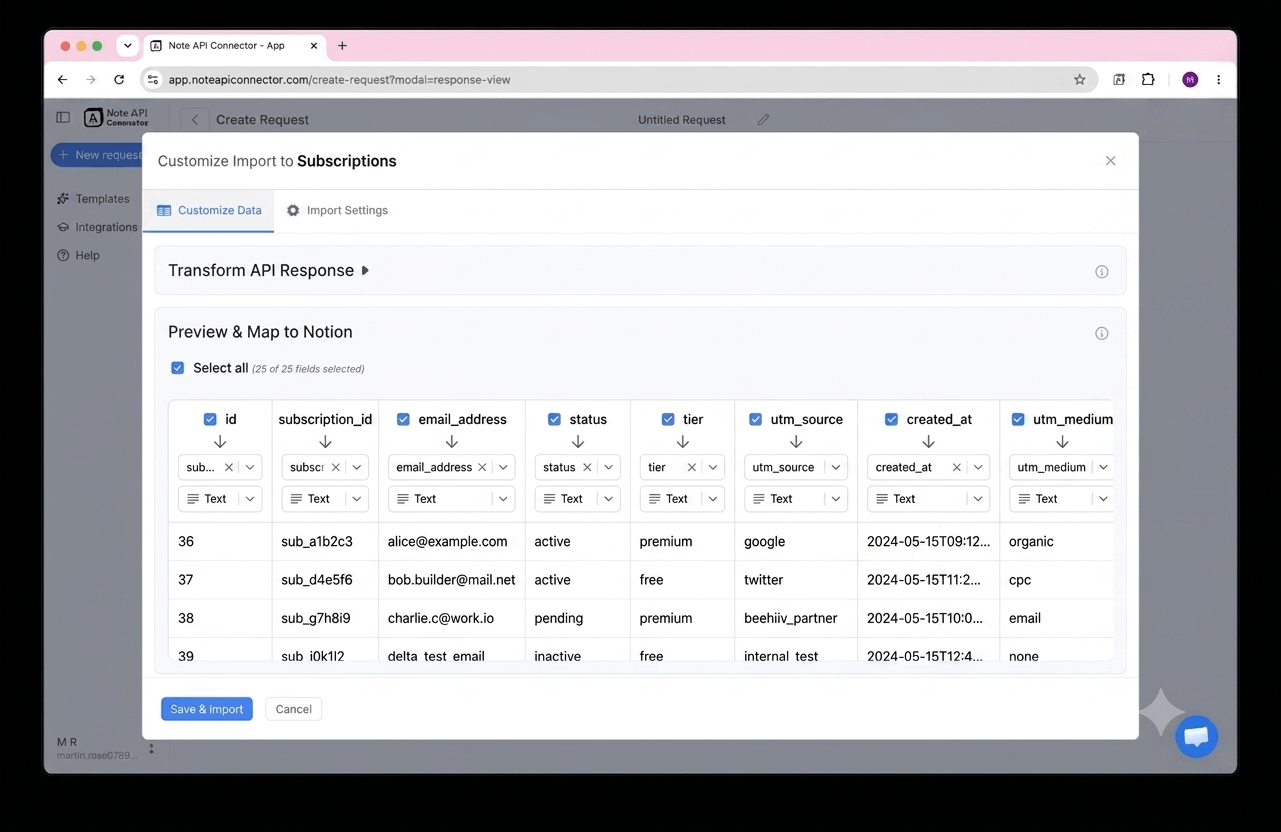 Choose your data and map fields - Note API Connector screenshot