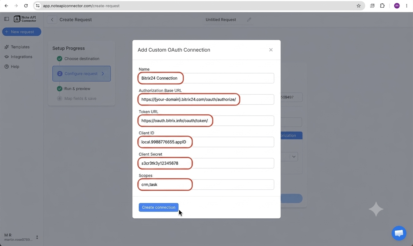 Create a Bitrix24 local application and connect via OAuth — Note API Connector screenshot
