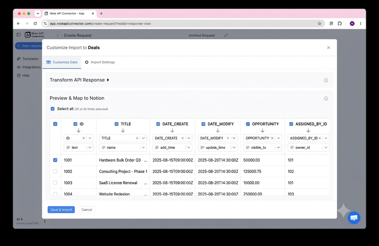 Choose your data and map fields — Note API Connector screenshot