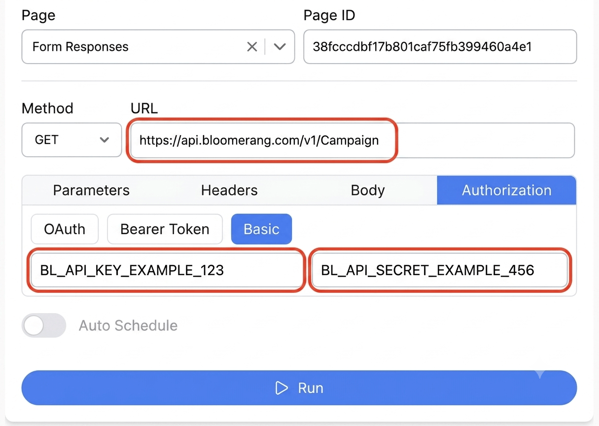 Get your Bloomerang private key and create your request - Note API Connector screenshot