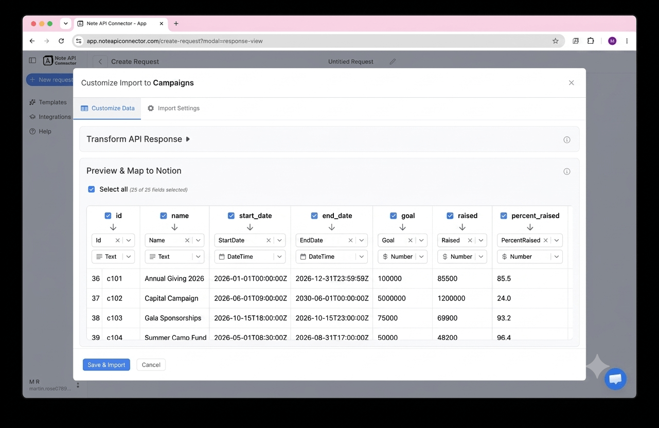 Choose your data and map fields - Note API Connector screenshot