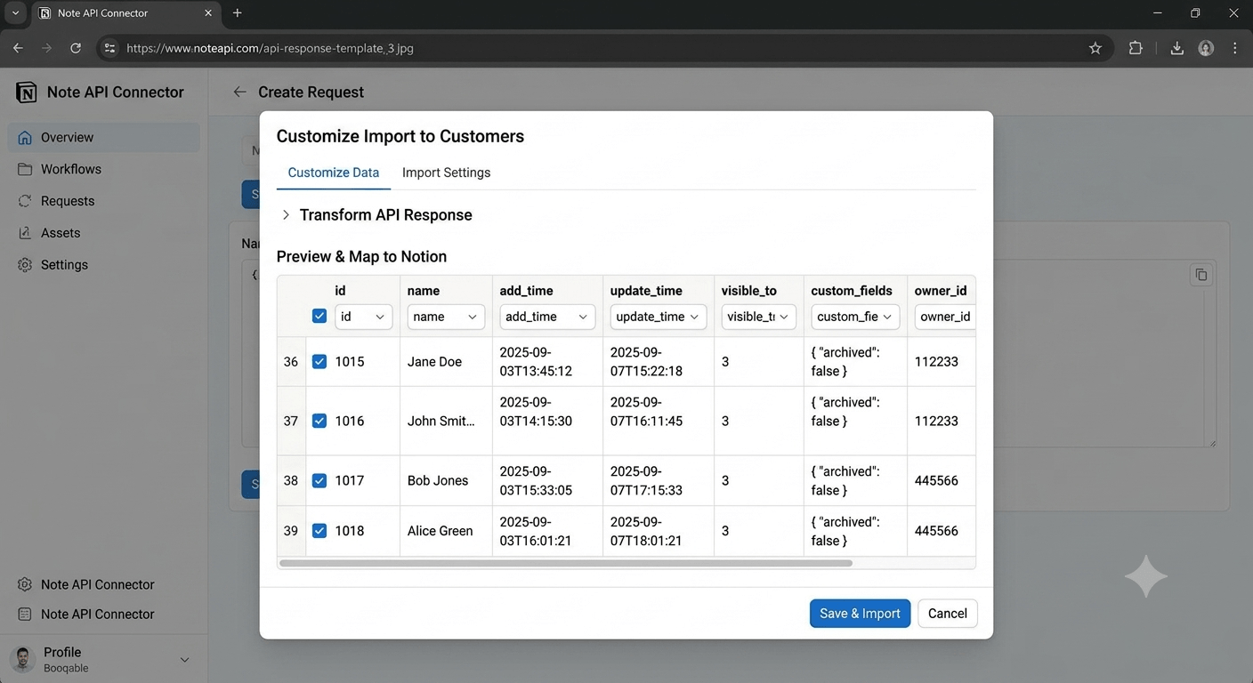 Choose your data and map fields - Note API Connector screenshot