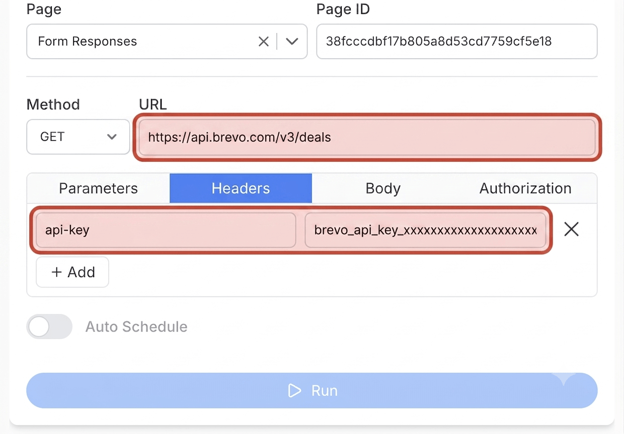 Get your Brevo API key and create your request - Note API Connector screenshot