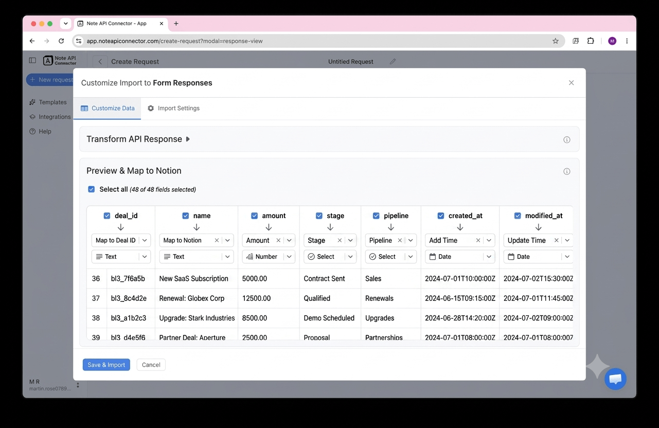Choose your data and map fields - Note API Connector screenshot