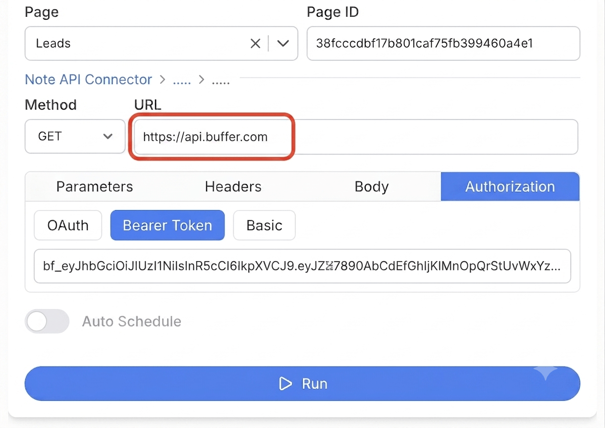 Get your Buffer API key and connect via Bearer Token - Note API Connector screenshot