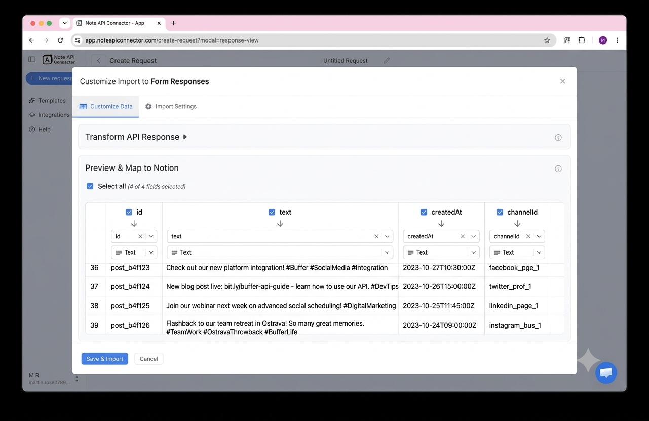 Choose your data and map fields - Note API Connector screenshot