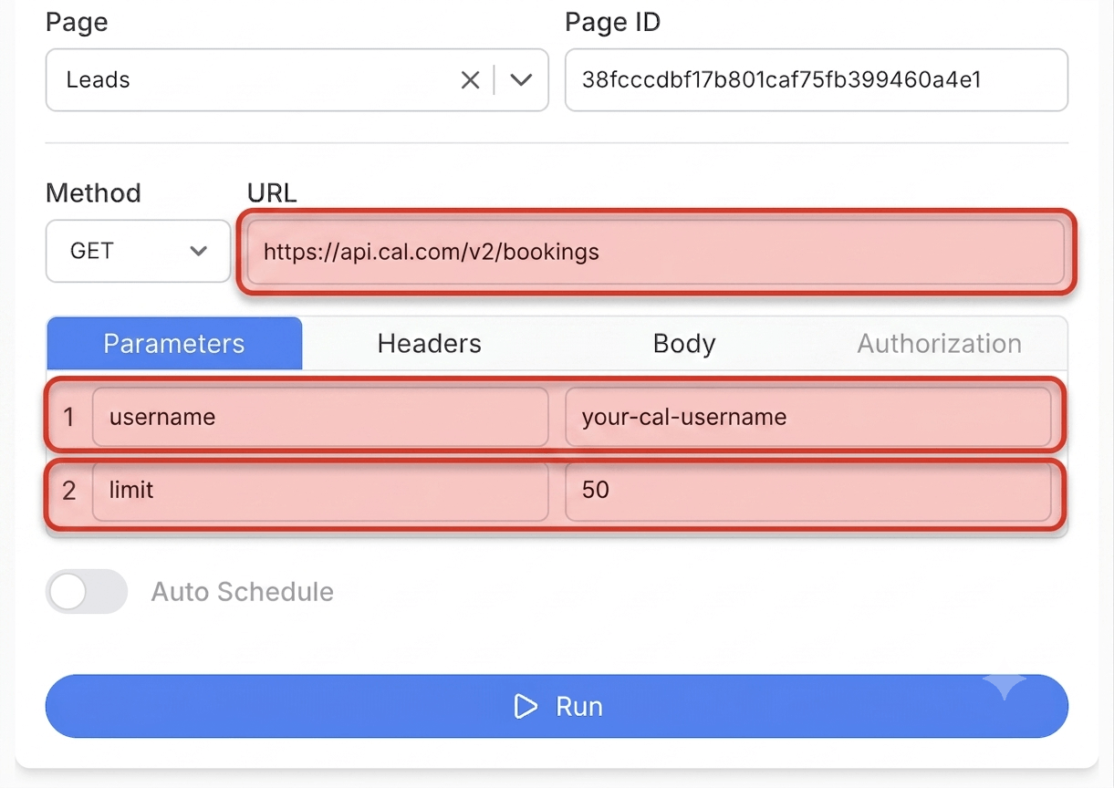 Get your Cal.com API key and create your request - Note API Connector screenshot
