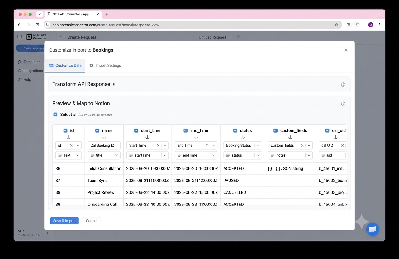 Choose your data and map fields - Note API Connector screenshot