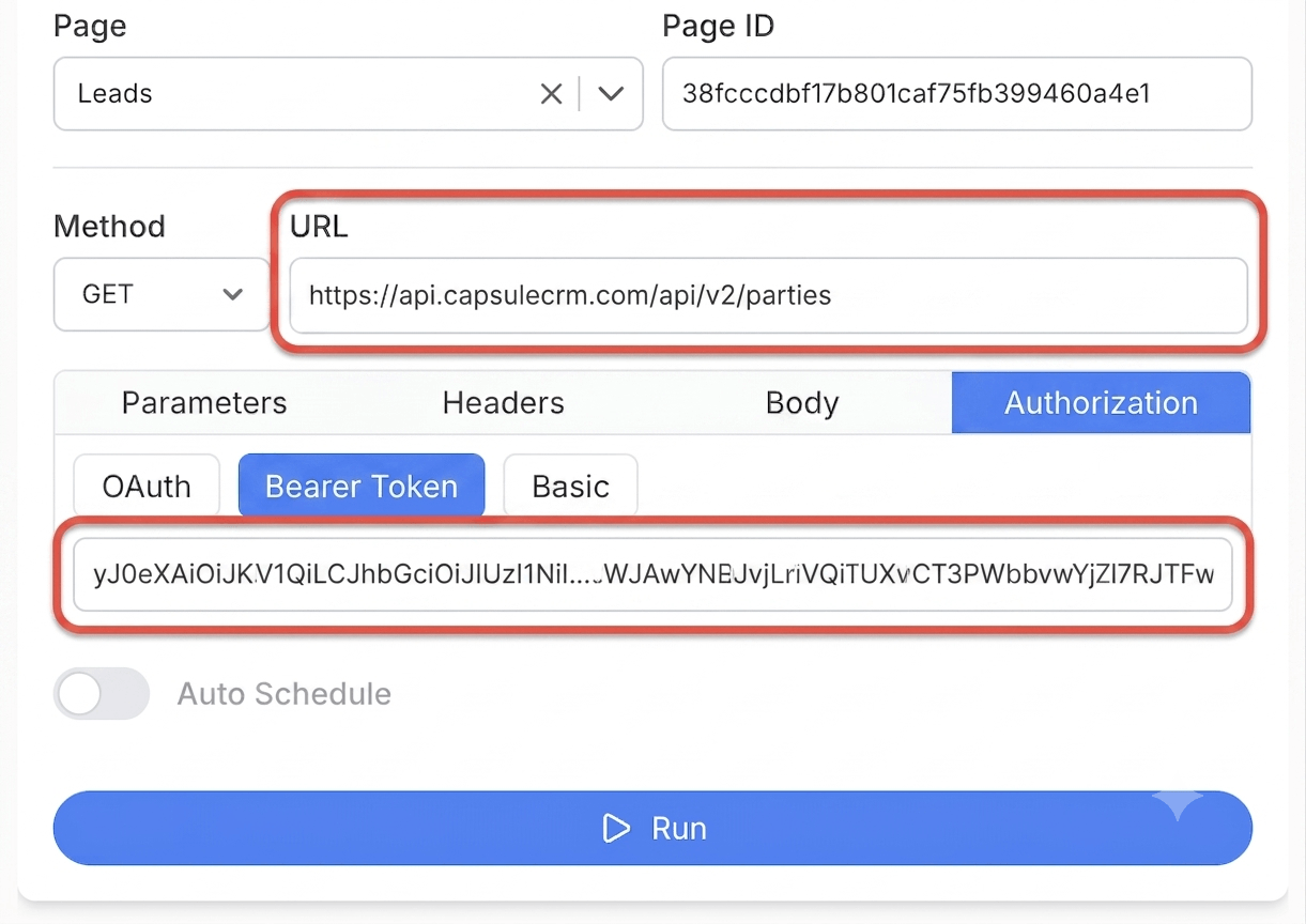 Get your Capsule CRM personal access token and connect — Note API Connector screenshot