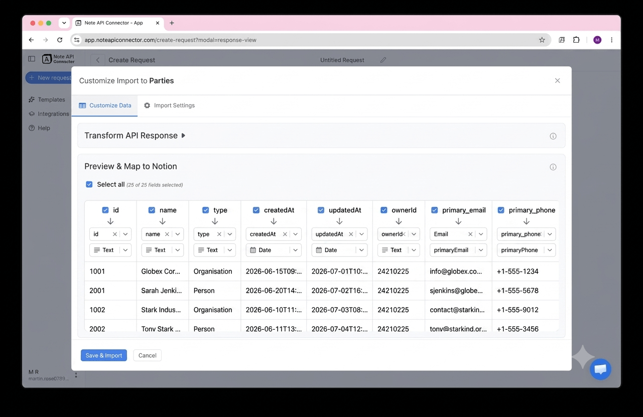 Choose your data and map fields — Note API Connector screenshot
