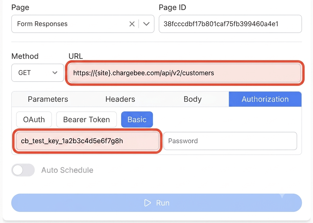 Get your Chargebee API key and create your request - Note API Connector screenshot