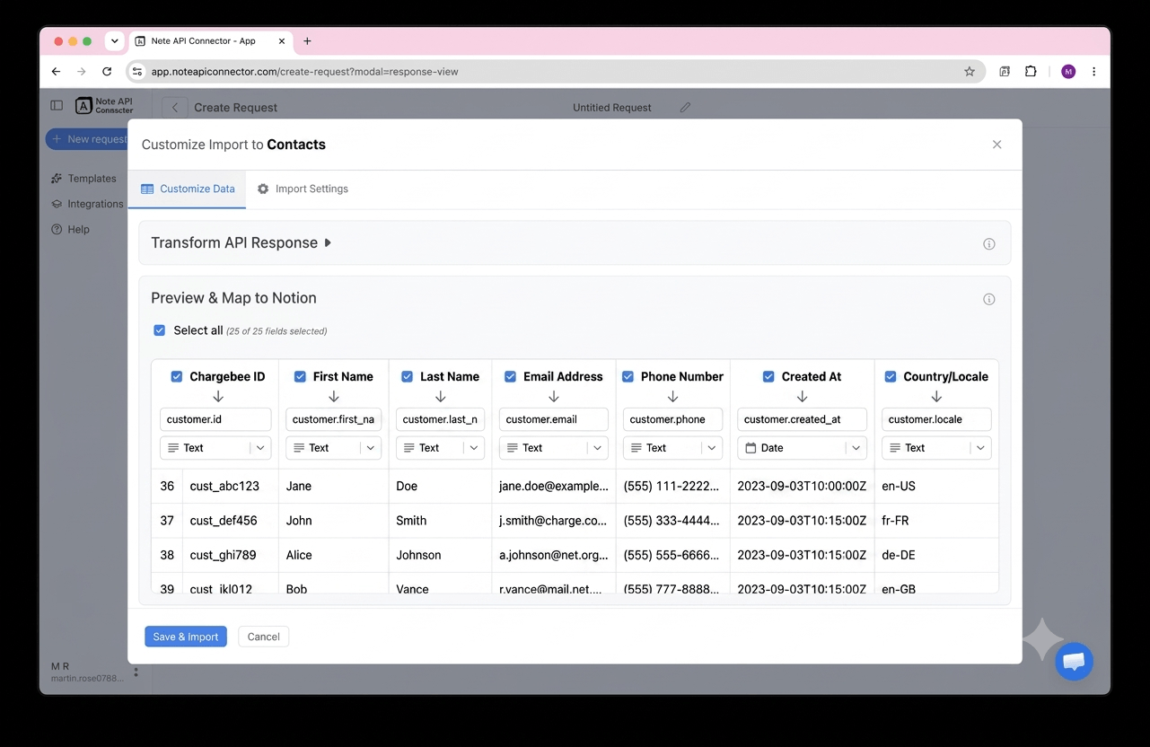 Choose your data and map fields - Note API Connector screenshot