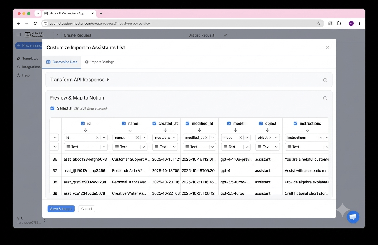 Choose your data and map fields - Note API Connector screenshot