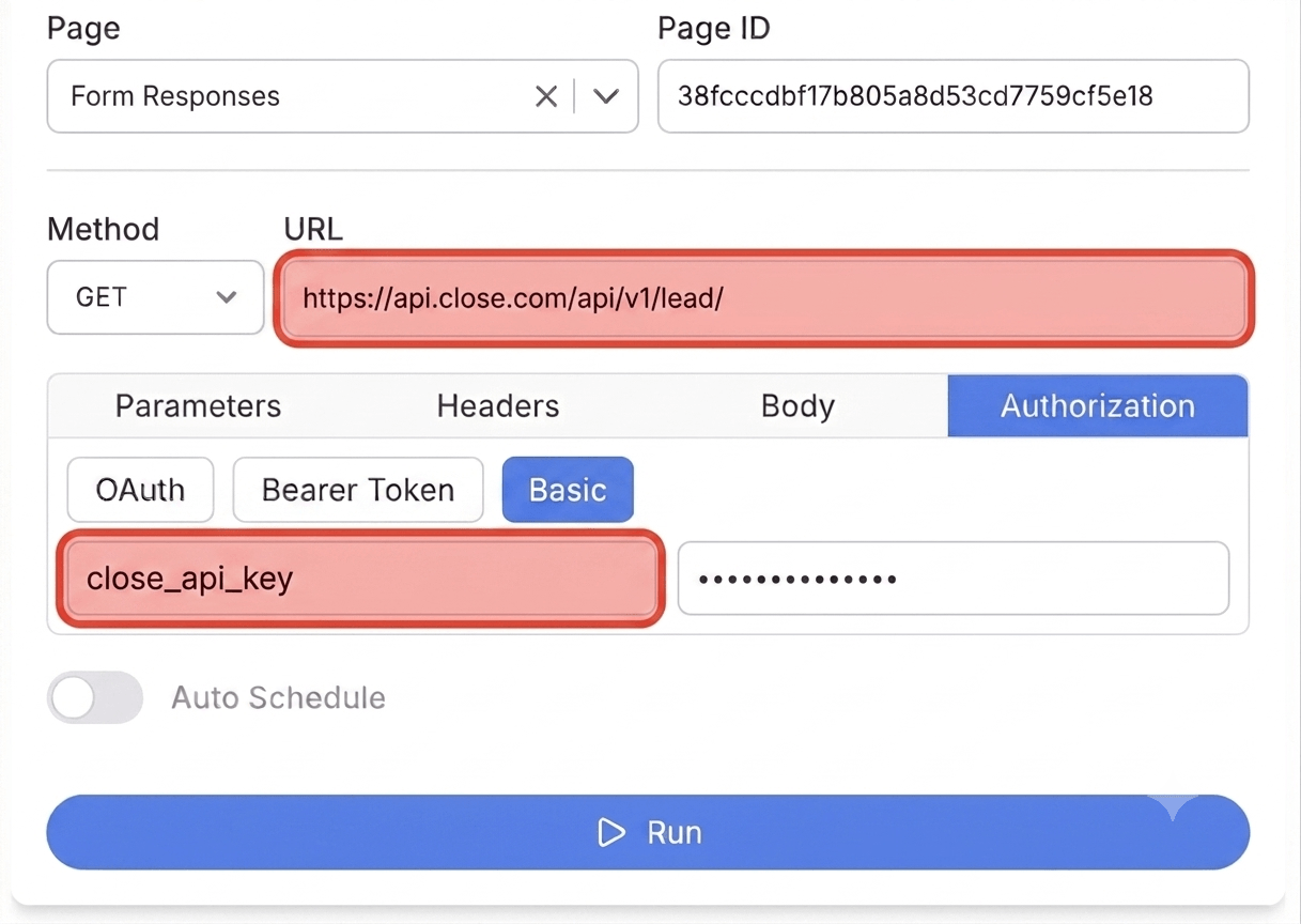 Get your Close API Key and create your request - Note API Connector screenshot