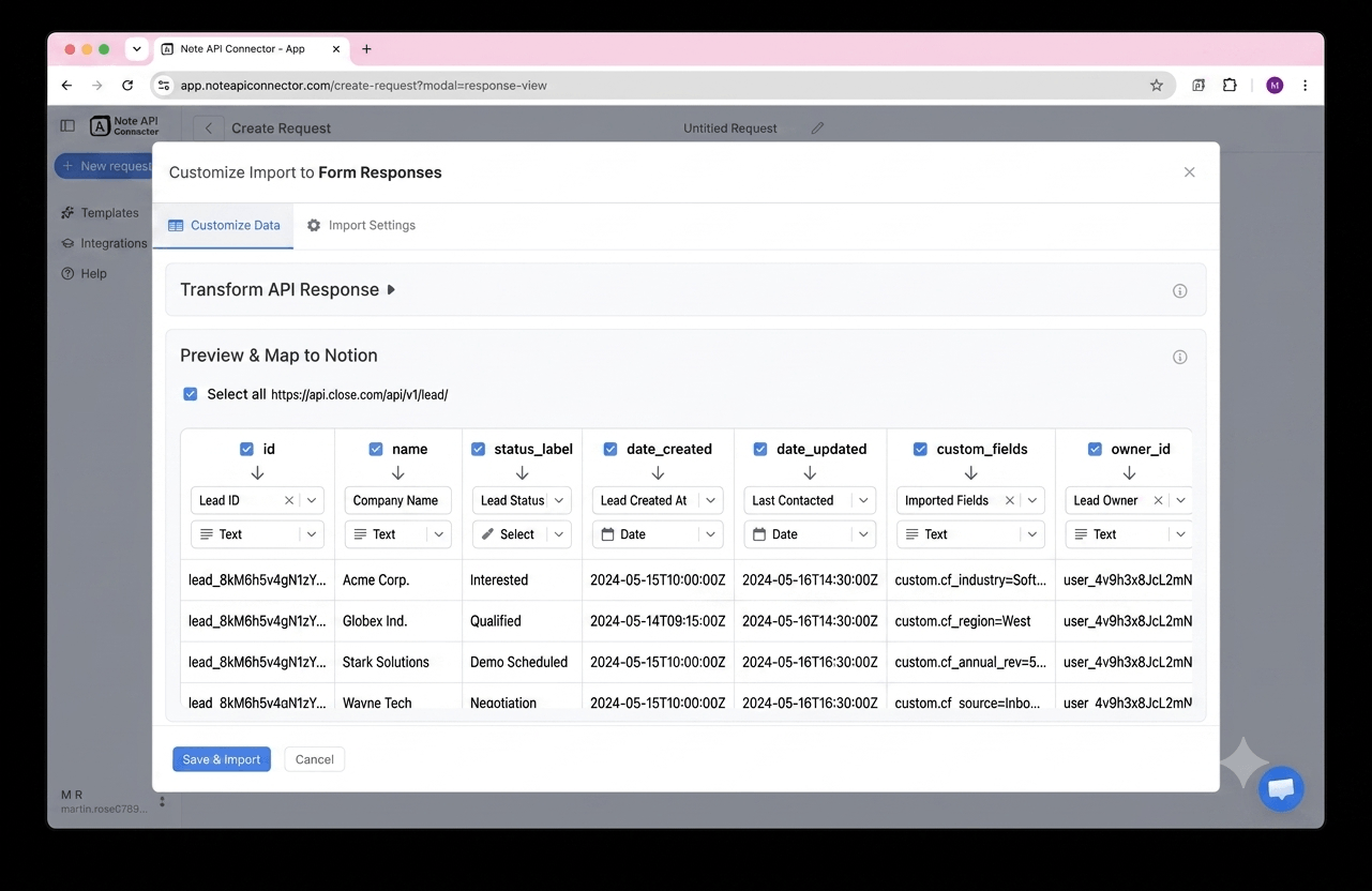 Choose your data and map fields - Note API Connector screenshot