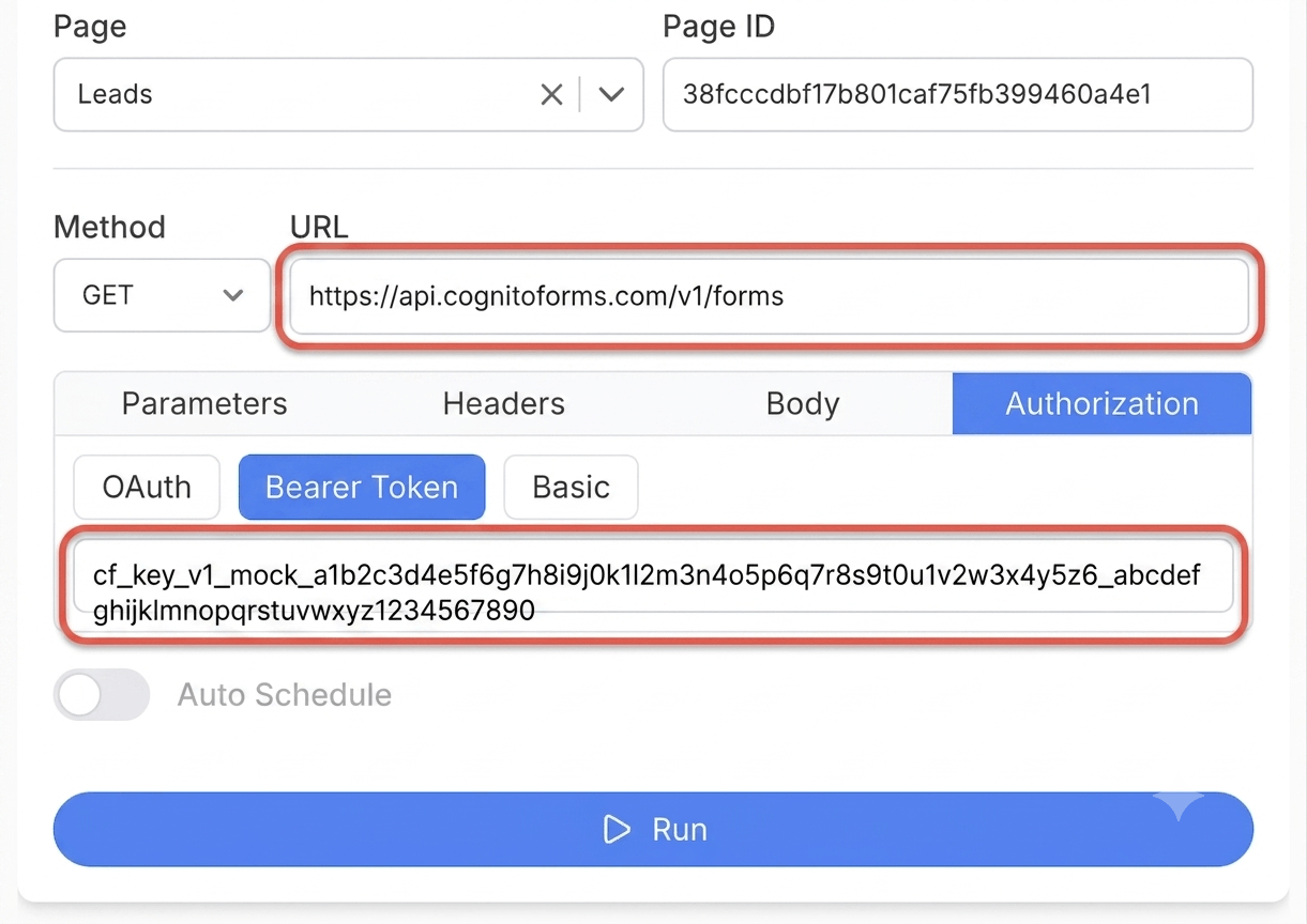 Get your Cognito Forms API key and connect it - Note API Connector screenshot