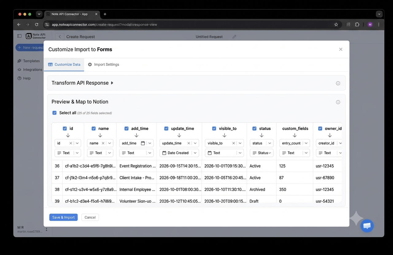 Choose your data and map fields - Note API Connector screenshot