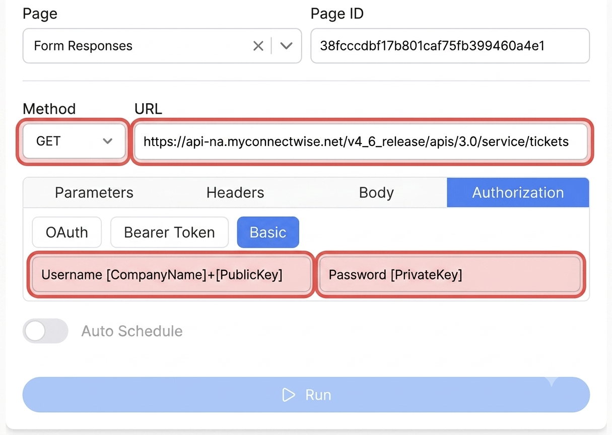 Get your ConnectWise Manage API keys and a Client ID - Note API Connector screenshot