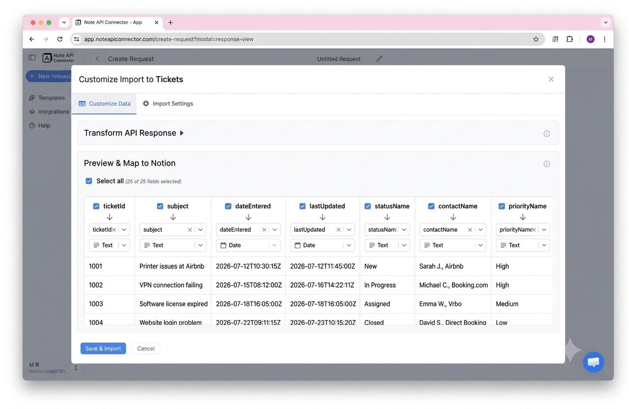 Create your request and choose your data - Note API Connector screenshot