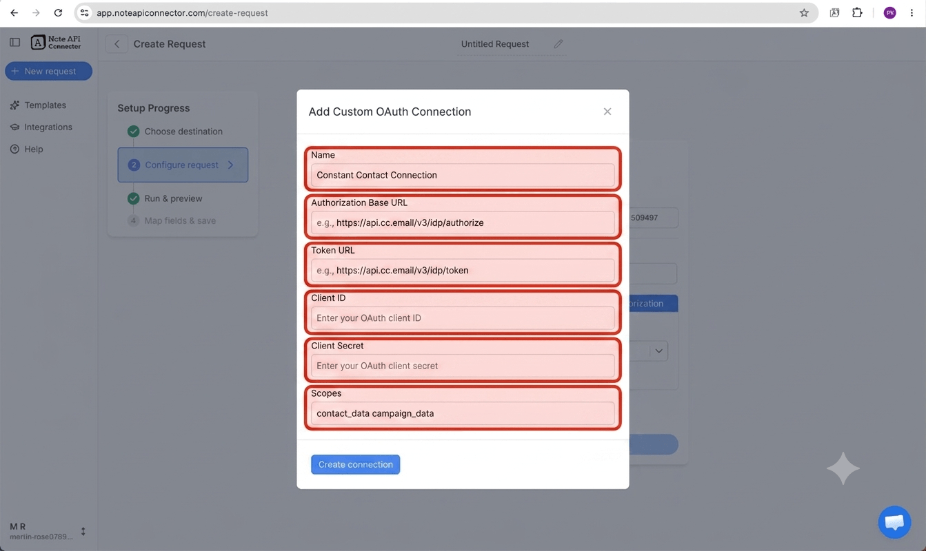 Create a custom OAuth connection and your request - Note API Connector screenshot