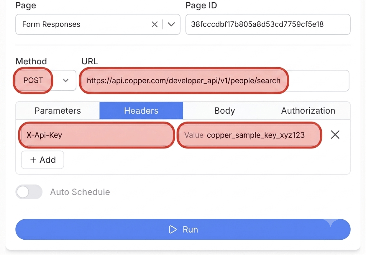 Get your Copper API key and connect - Note API Connector screenshot