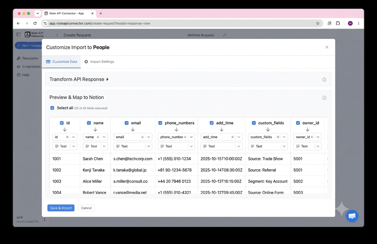 Choose your data and map fields - Note API Connector screenshot