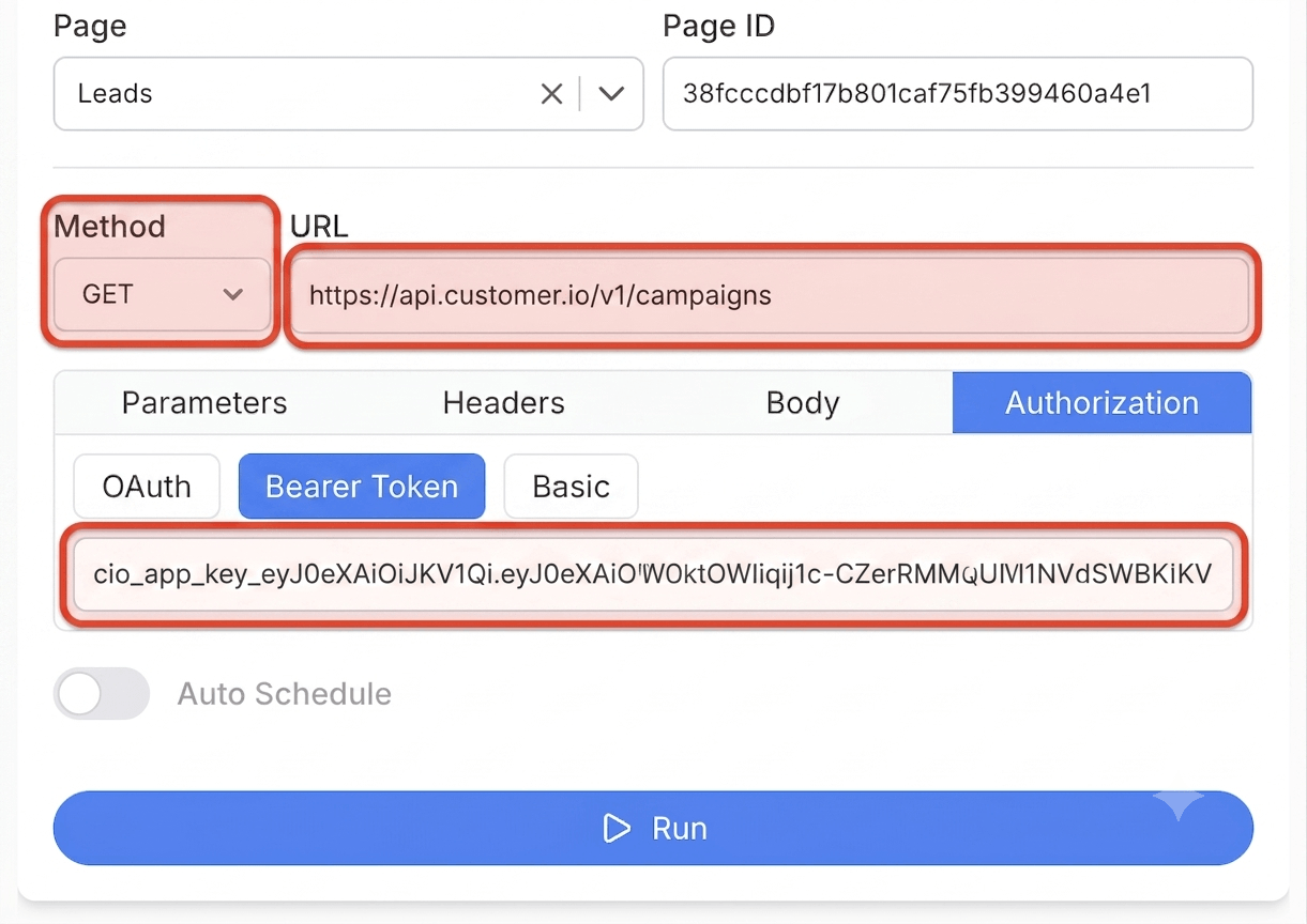 Get your Customer.io App API key and create your request - Note API Connector screenshot