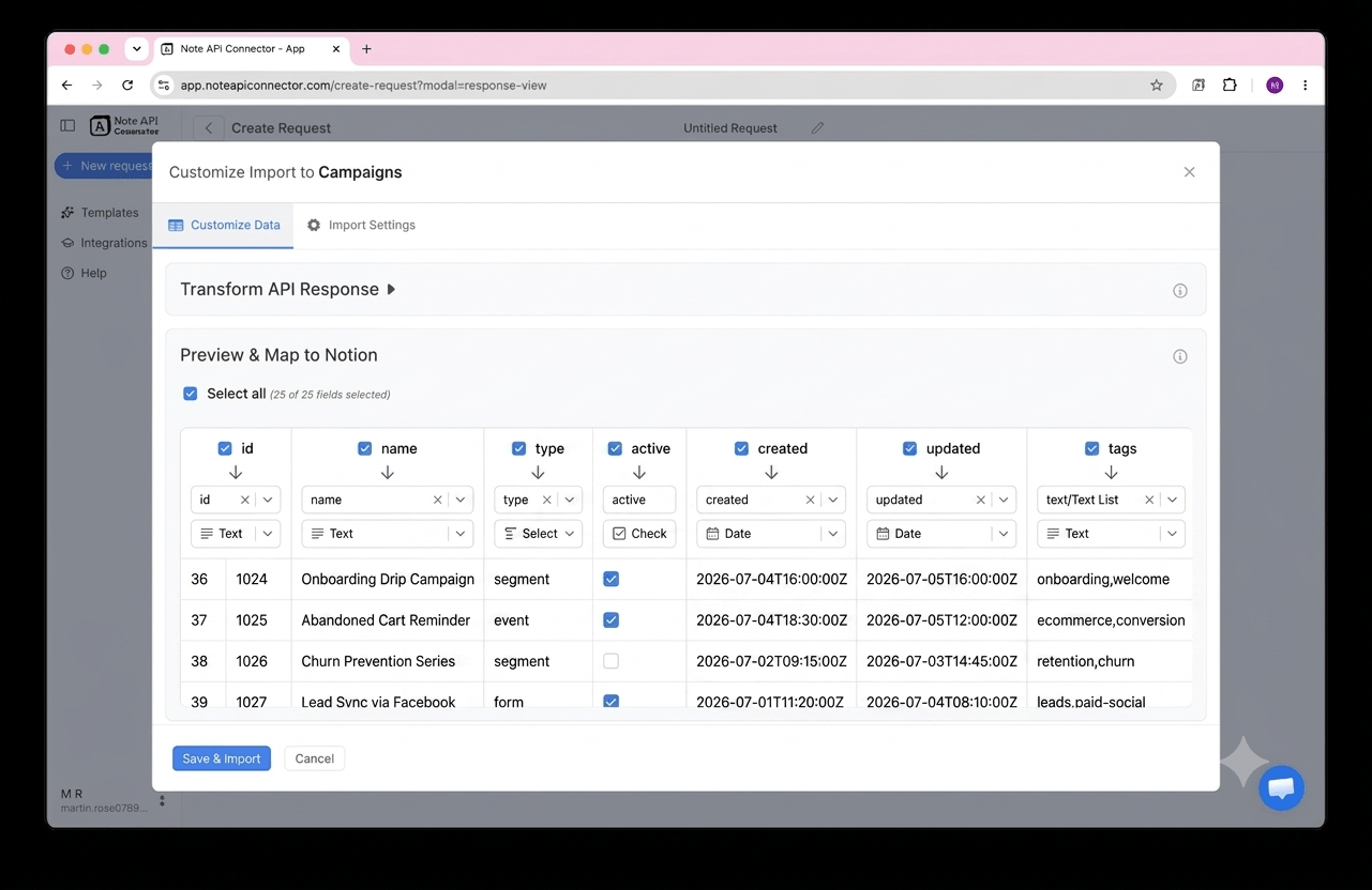 Choose your data and map fields - Note API Connector screenshot