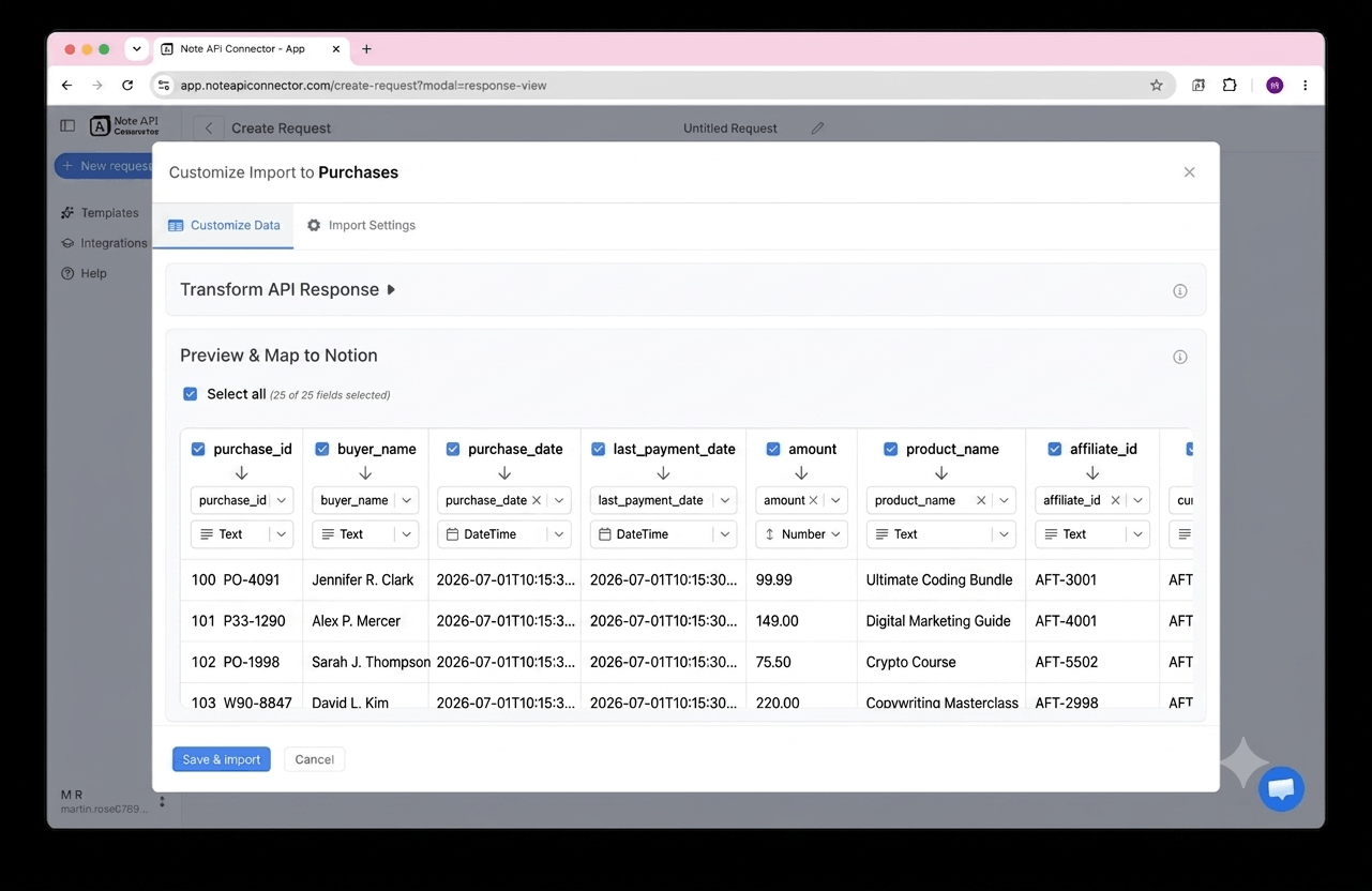 Choose your data and map fields — Note API Connector screenshot