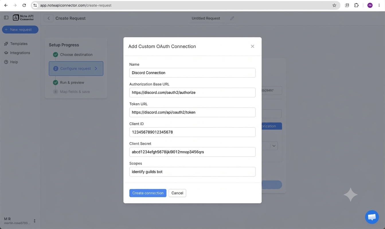 Create a Discord application and connect via OAuth - Note API Connector screenshot