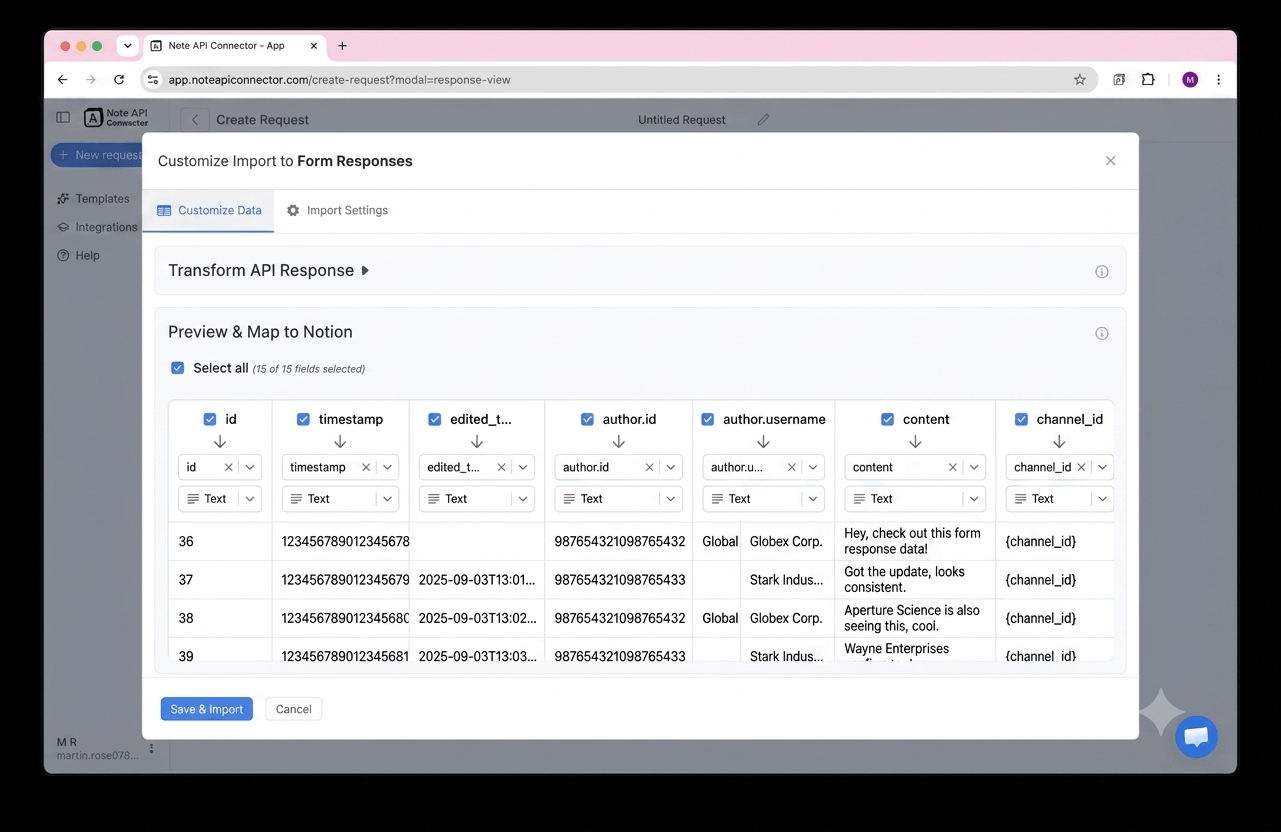 Choose your data and map fields - Note API Connector screenshot